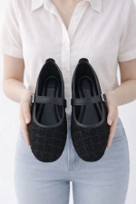 Women Black Tweed Fabric Mary Jane Flats Fashion Buckle Comfortable Shoes Photograph-1